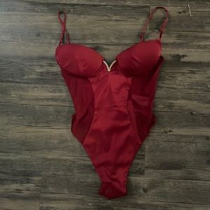 After Midnight Strappy Underwired Satin Bodysuit in Dark Red OH POLLY